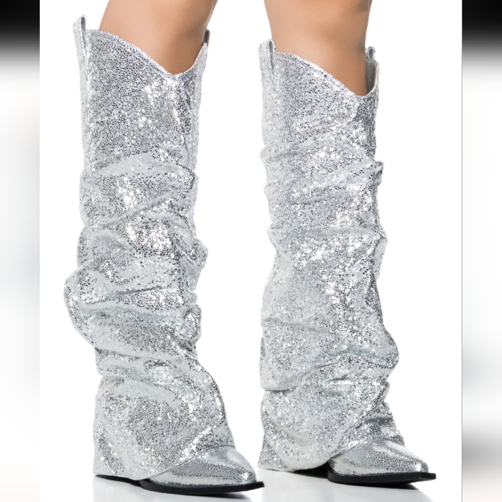 AZALEA WANG SHAWNEE-SILVER FOLD OVER WEDGE BOOT BRAND NEW IN BOX